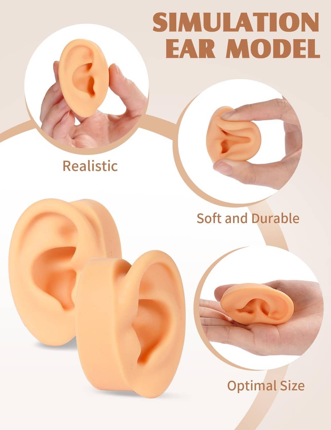 Soft silicone ear models set of two, skin-tone peach, flexible realistic ear openings