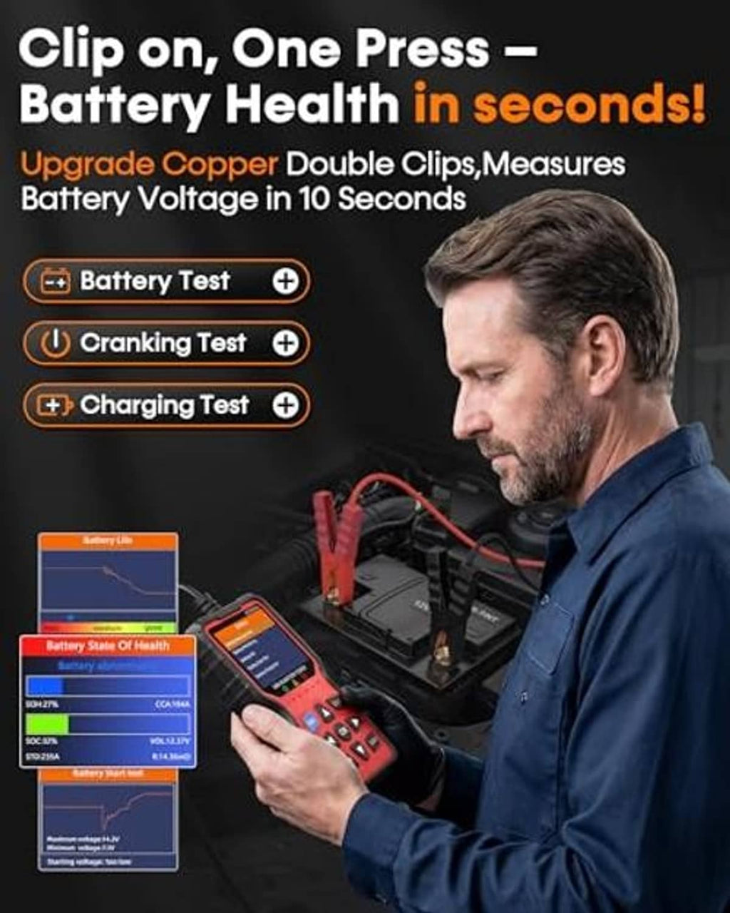 Handheld OBD2 and battery tester with red buttons and clip-on battery connector