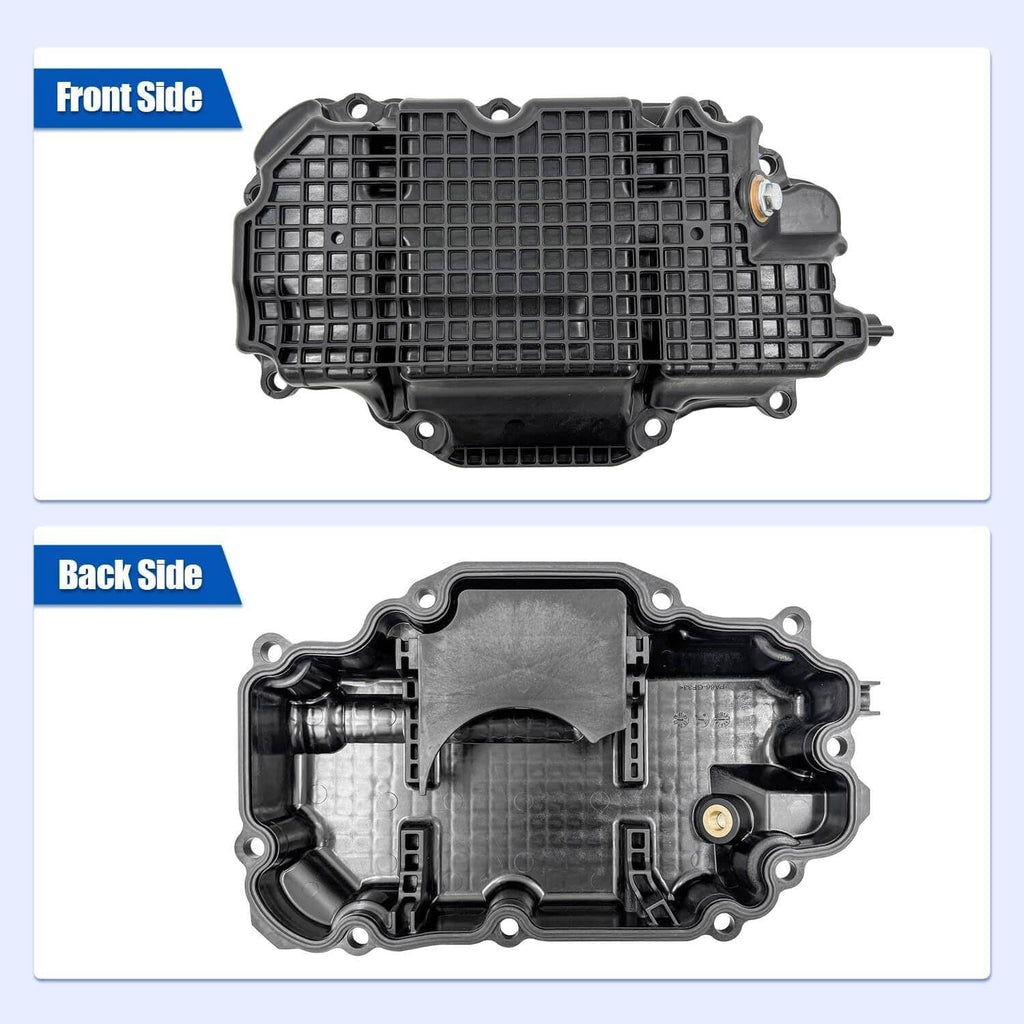 Engine oil pan with gasket, front and back view of black plastic oil pan housing