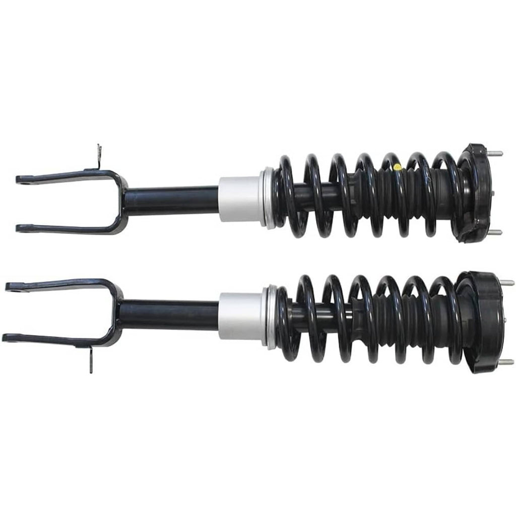 Front shock strut assembly pair with black coil springs and silver shafts
