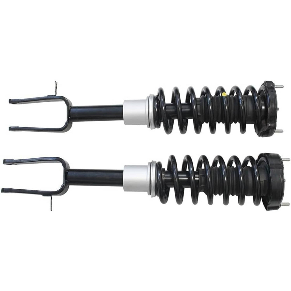 Front shock strut assembly pair with black coil springs and silver shafts