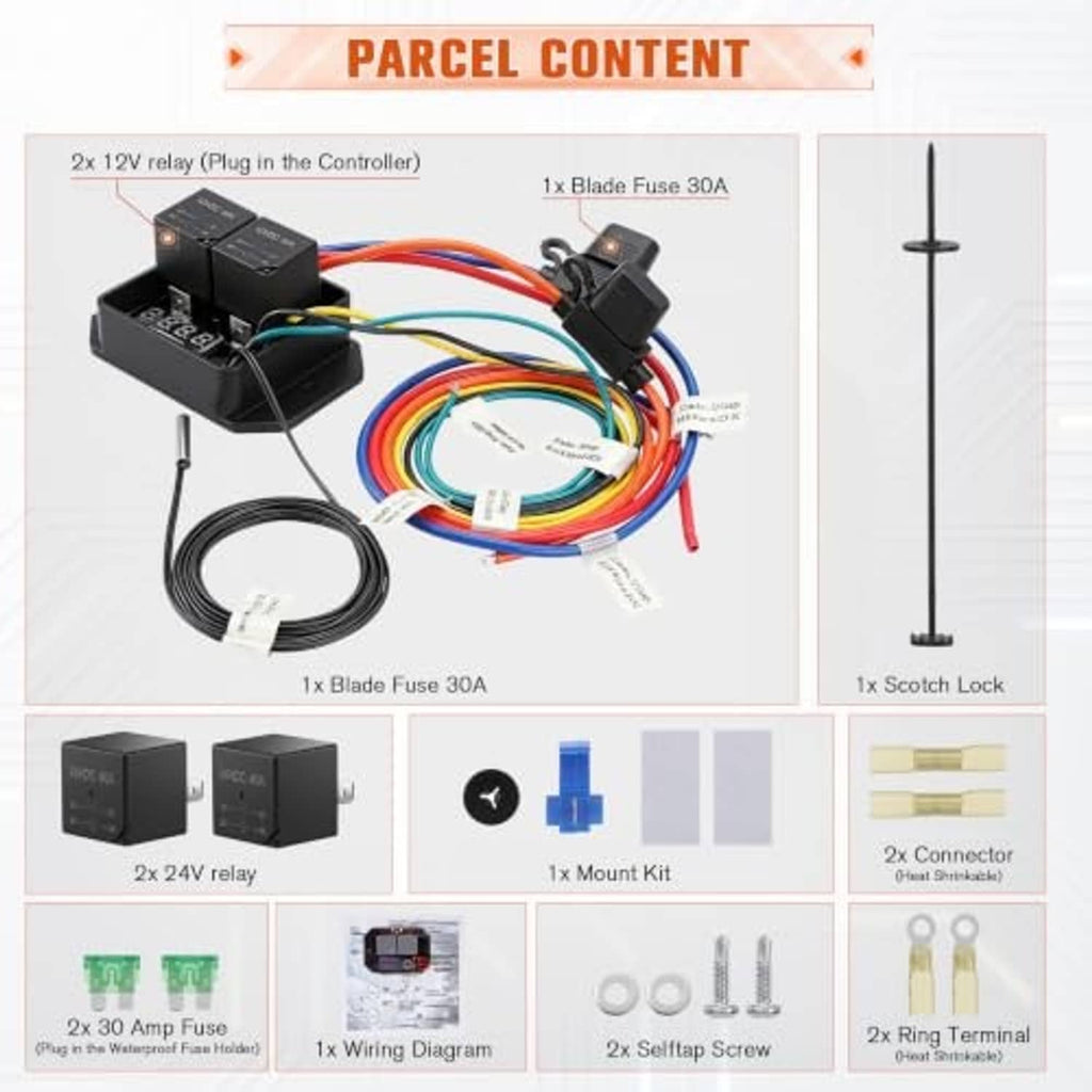 Radiator fan controller parcel contents: relay, fuse, plug connectors, mounting kit, and harness