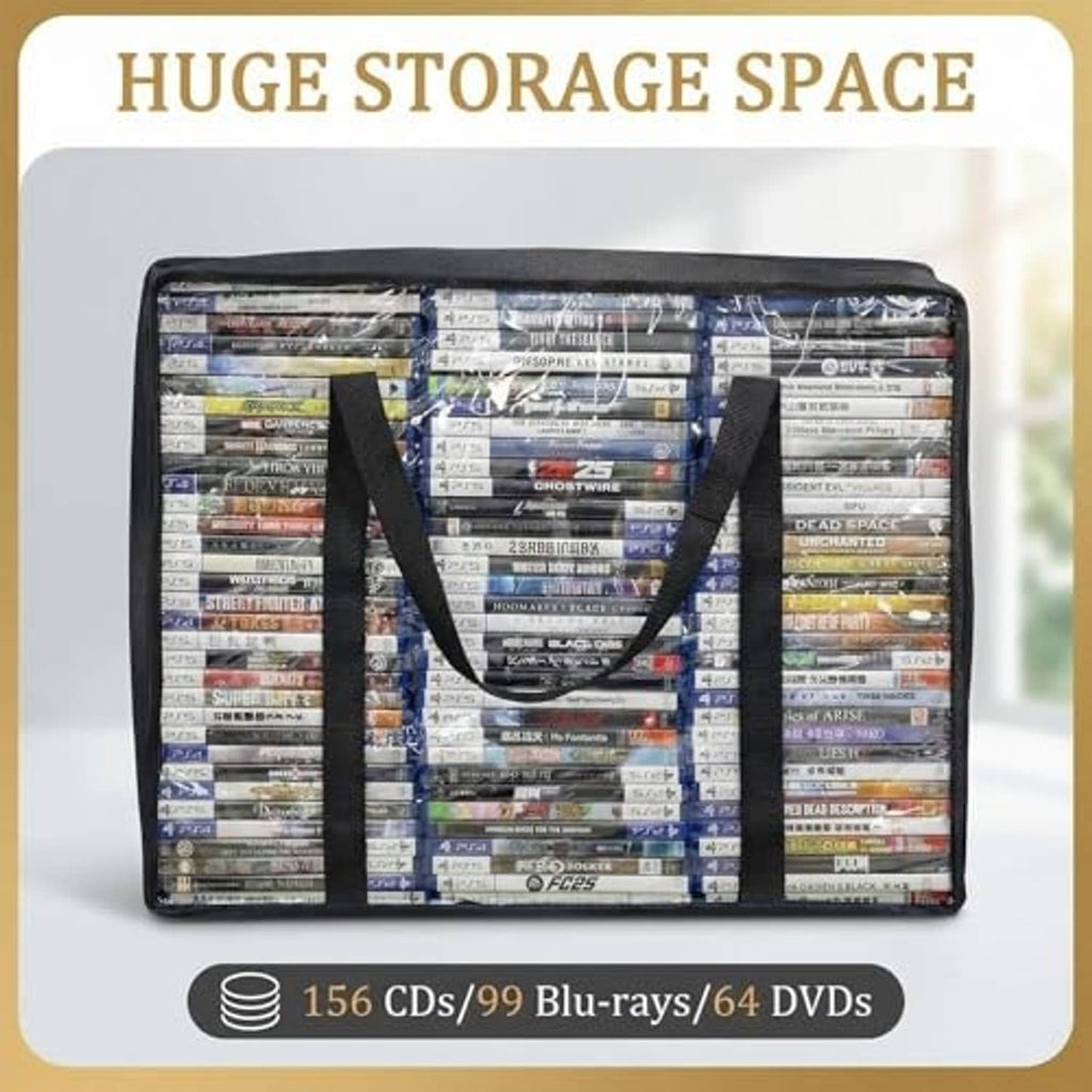 Black CD/DVD storage bag with clear window panel and U-shaped strap handles