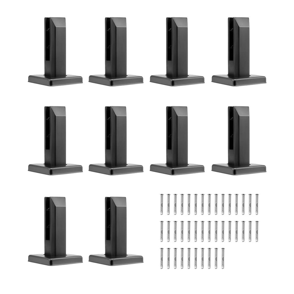 Four black square glass clamps plus included screws on white background