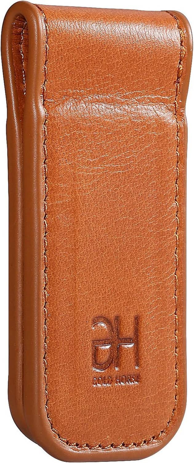 Brown leather money clip sleeve with vertical stitching and DH logo on front