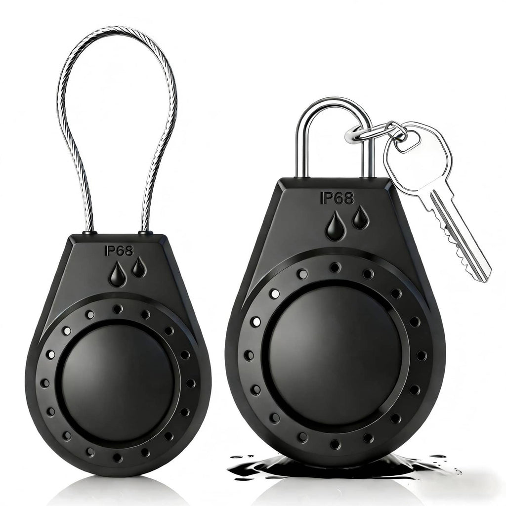 Waterproof lockable AirTag holder, black cable, padlock-style body, 2 pack