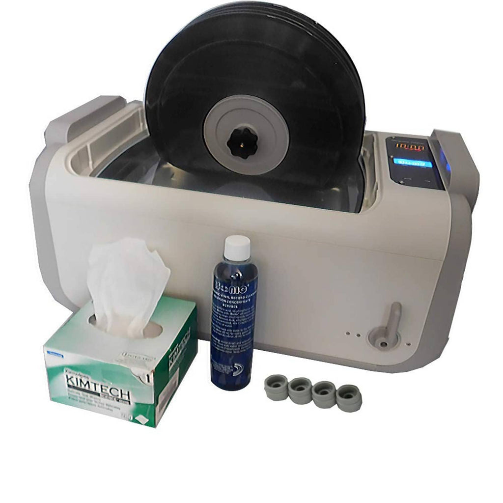 Ultrasonic vinyl record cleaning machine with blue concentrate bottle and accessories