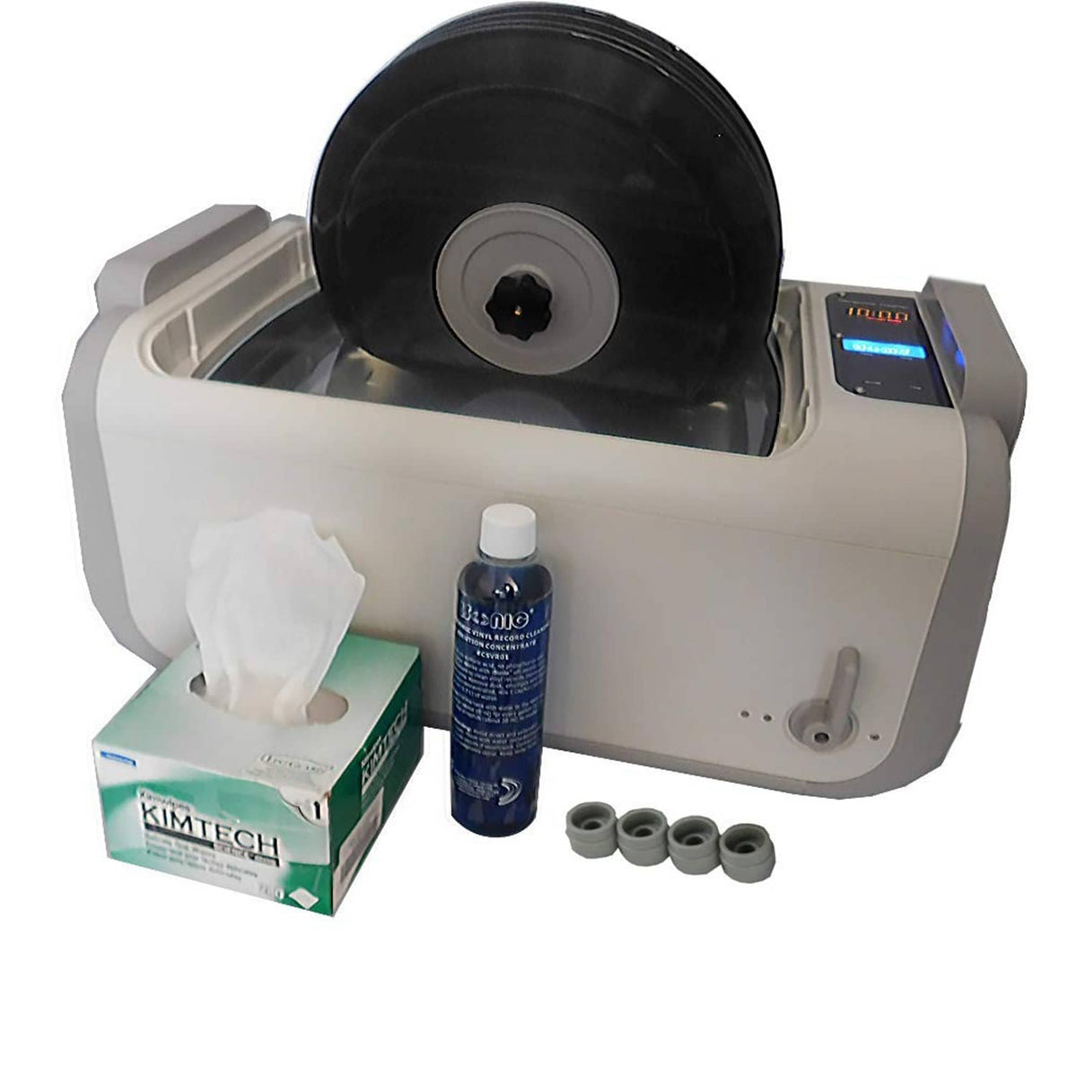 Ultrasonic vinyl record cleaning machine with blue concentrate bottle and accessories