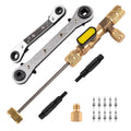 Brass HVAC valve core remover installer tool set with hex bits and wrenches