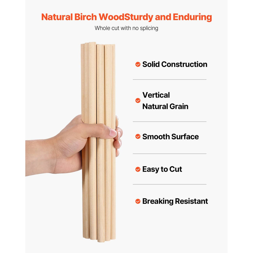 Hand holding bundled natural birch wood dowel rods with smooth surface and grain