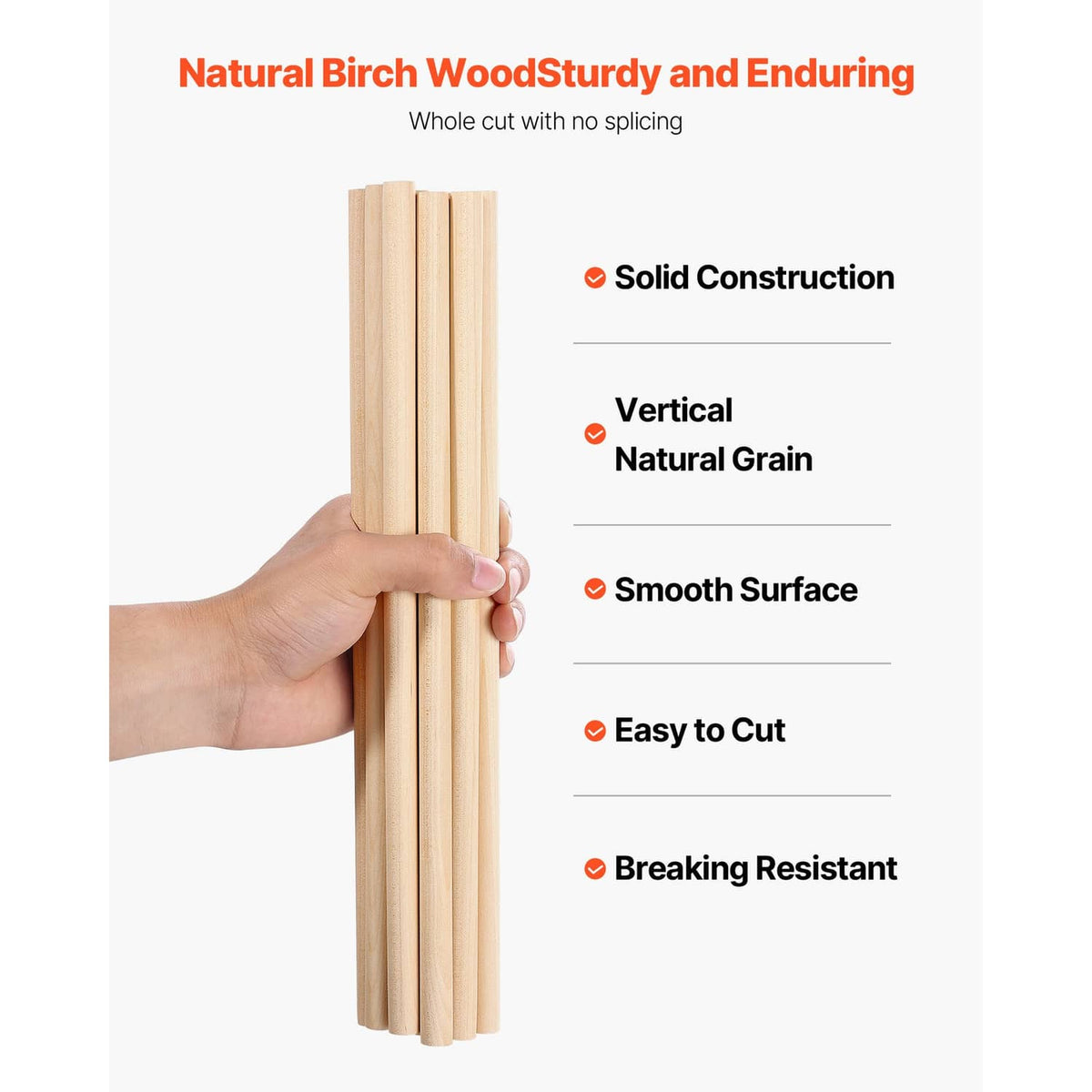 Hand holding bundled natural birch wood dowel rods with smooth surface and grain