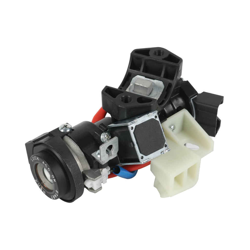 Ignition lock switch assembly with key cylinder and black mounting pieces, angled close-up