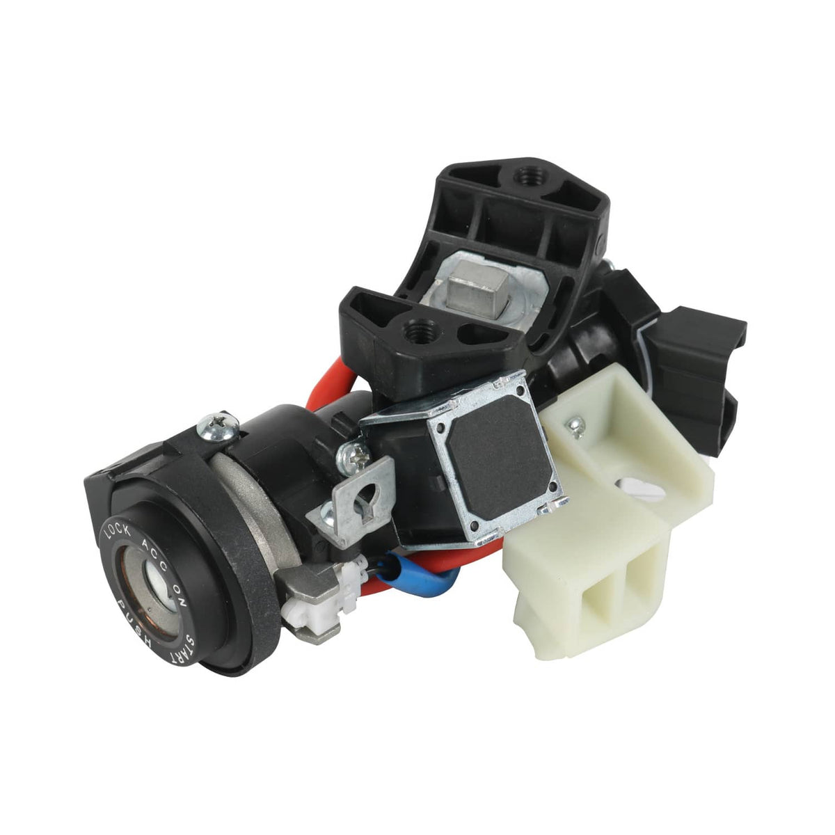 Ignition lock switch assembly with key cylinder and black mounting pieces, angled close-up