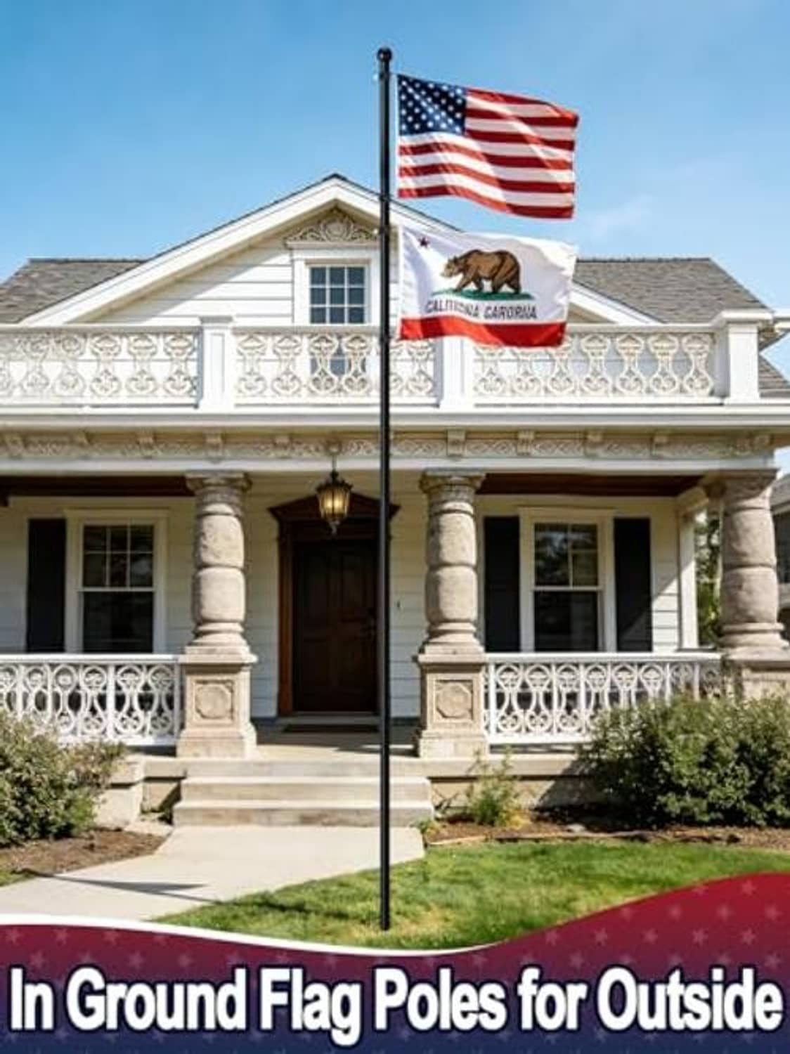 Black in-ground flag pole with two flags mounted outdoors on a yard