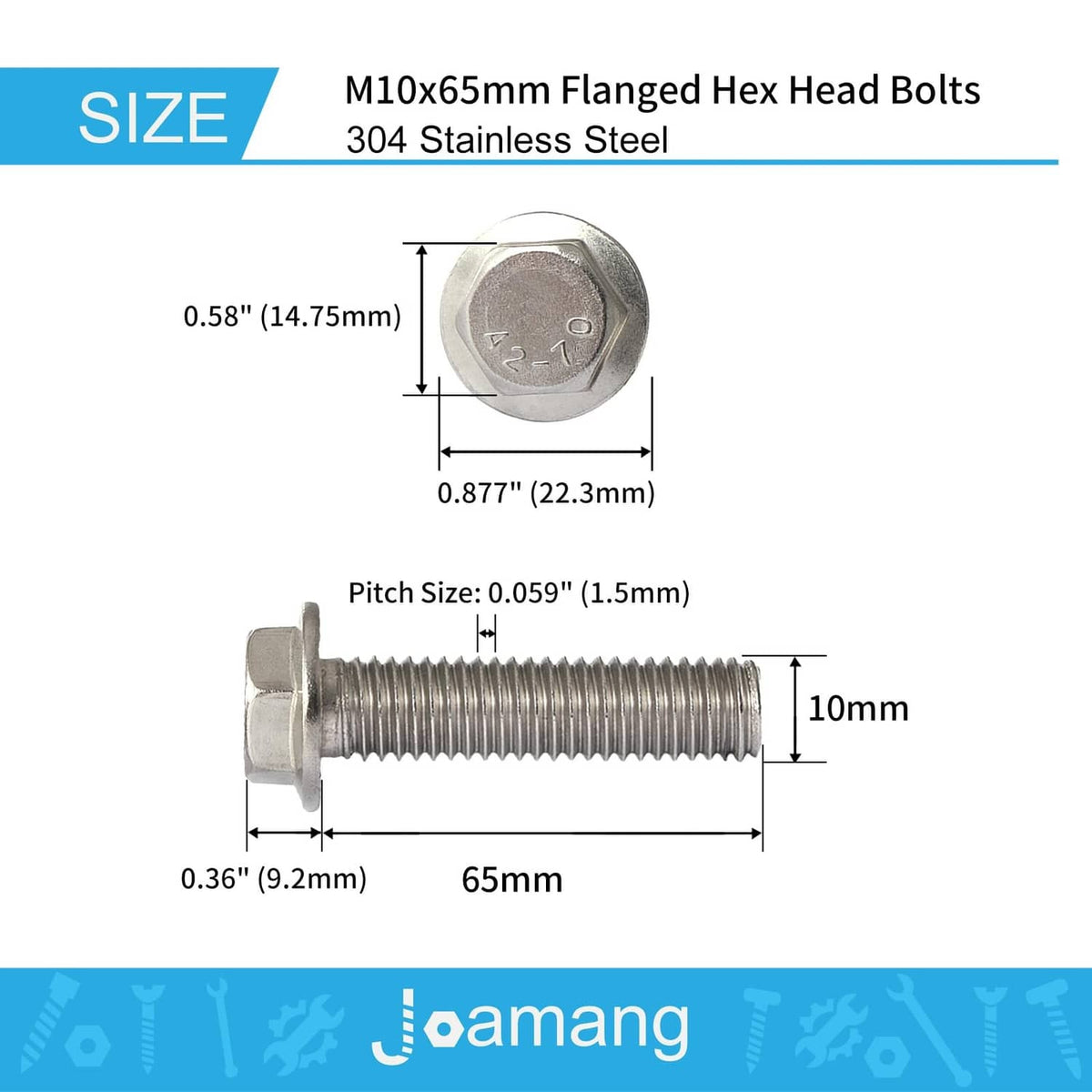 Flanged hex head bolt with round flange base and threaded shaft