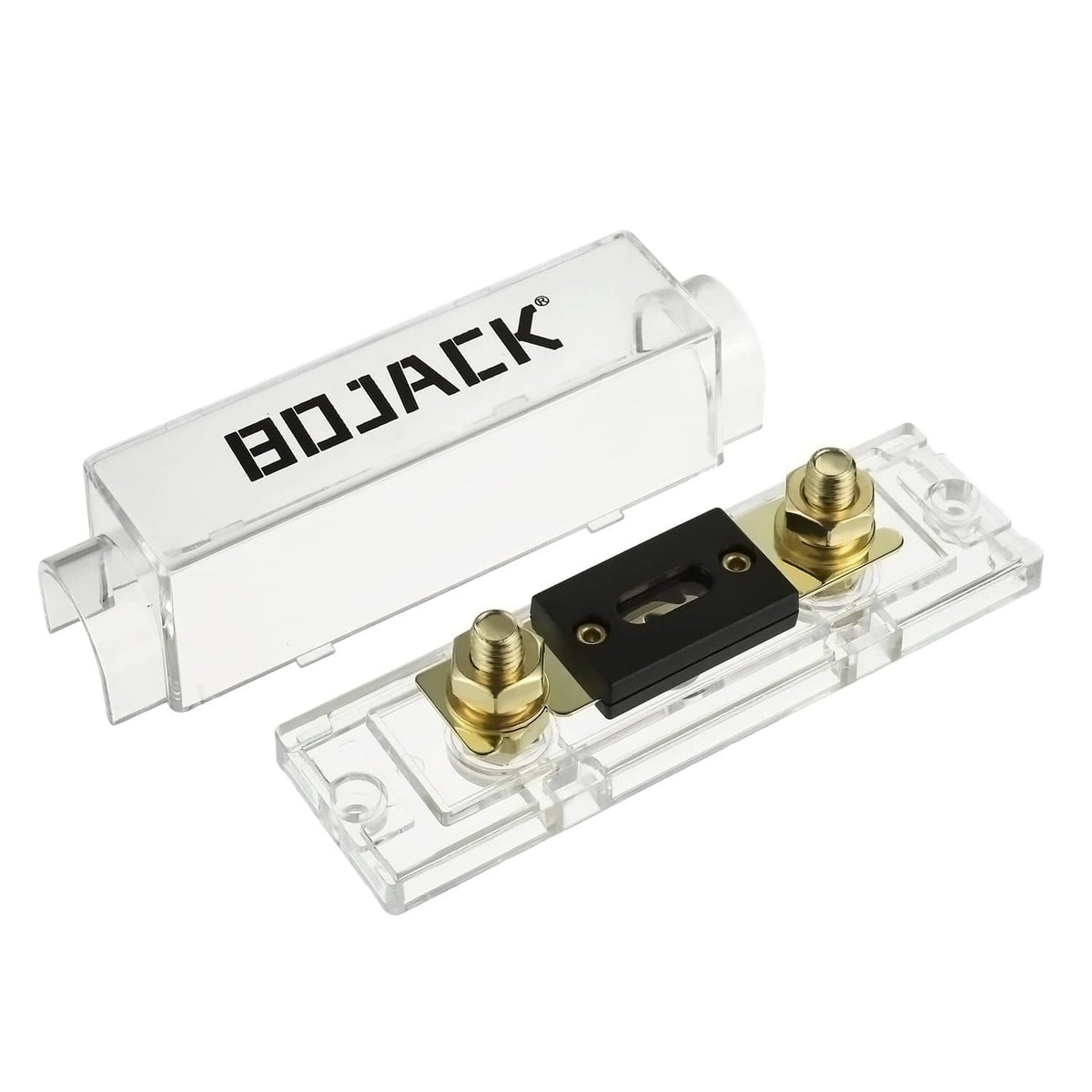 ANL fuse holder with clear casing and gold studs over black fuse insert