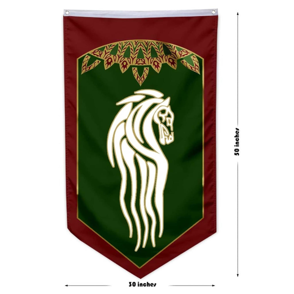 Swallowtail pennant banner, green with white horse emblem; size 30 x 50 inches