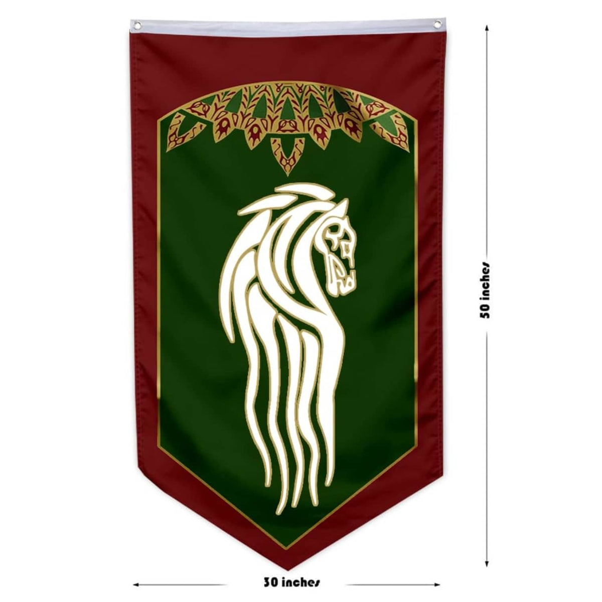 Swallowtail pennant banner, green with white horse emblem; size 30 x 50 inches