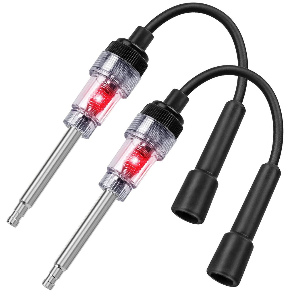 Two inline spark plug testers with red bulbs and black insulated handles