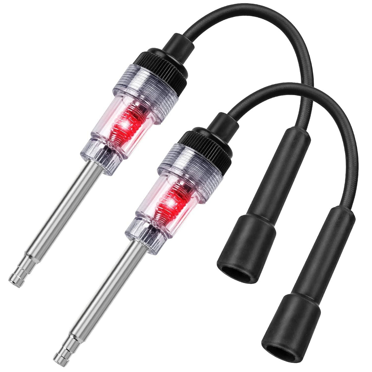 Two inline spark plug testers with red bulbs and black insulated handles
