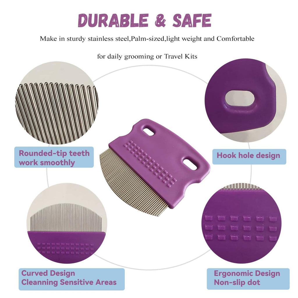 Purple grooming comb with rounded stainless-steel teeth and hook hole design