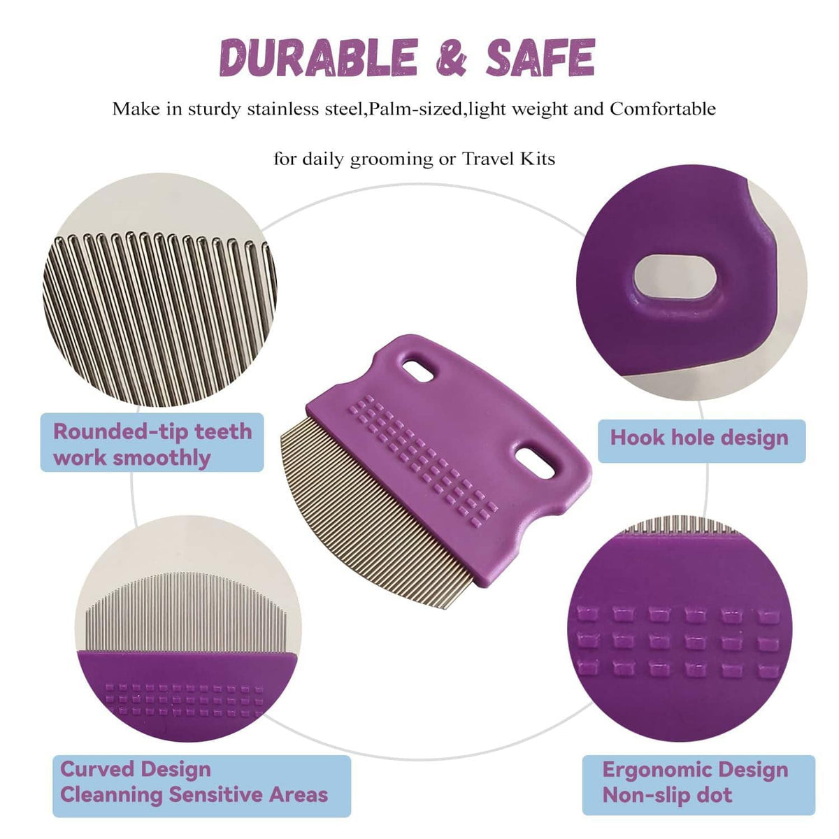 Purple grooming comb with rounded stainless-steel teeth and hook hole design