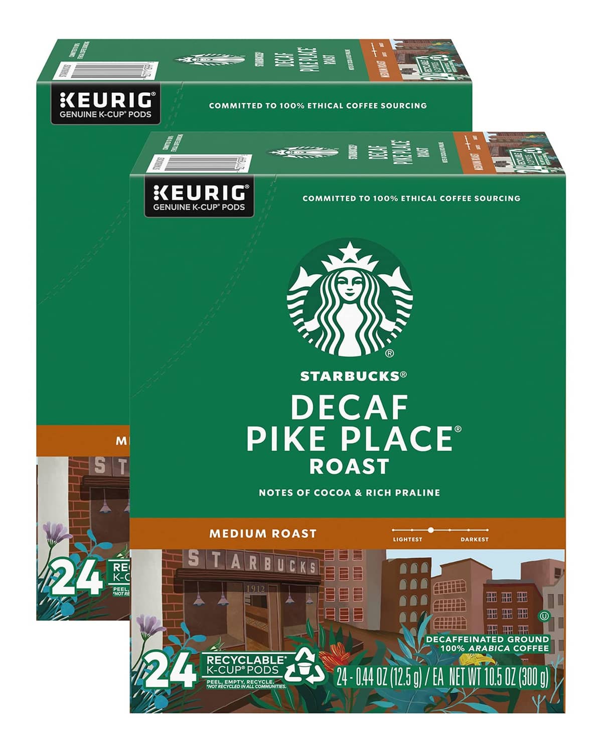 Starbucks Decaf Pike Place K-cup pods box, green medium roast, 24 count recyclable