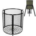 Black cylindrical varmint guard cage for deer feeder, wire mesh with three support legs