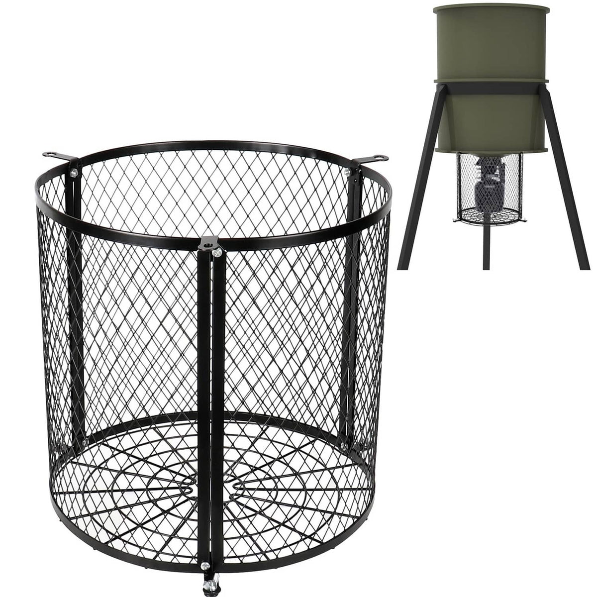 Black cylindrical varmint guard cage for deer feeder, wire mesh with three support legs