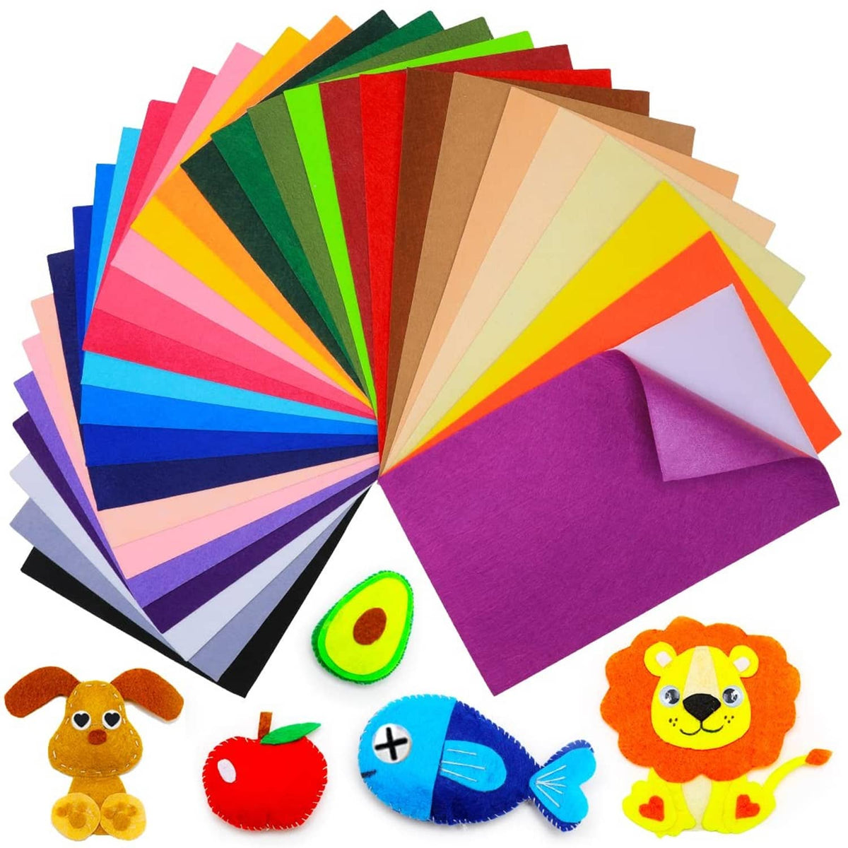Multi-colored self-adhesive felt sheets, assorted sheets with cut animal craft shapes