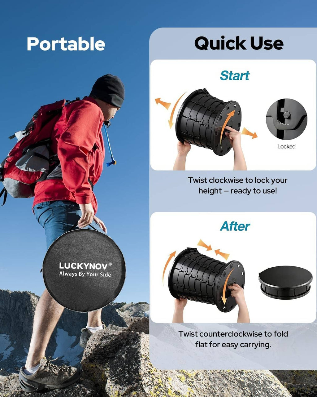Black portable folding toilet twist-lock height adjustment and quick-use setup