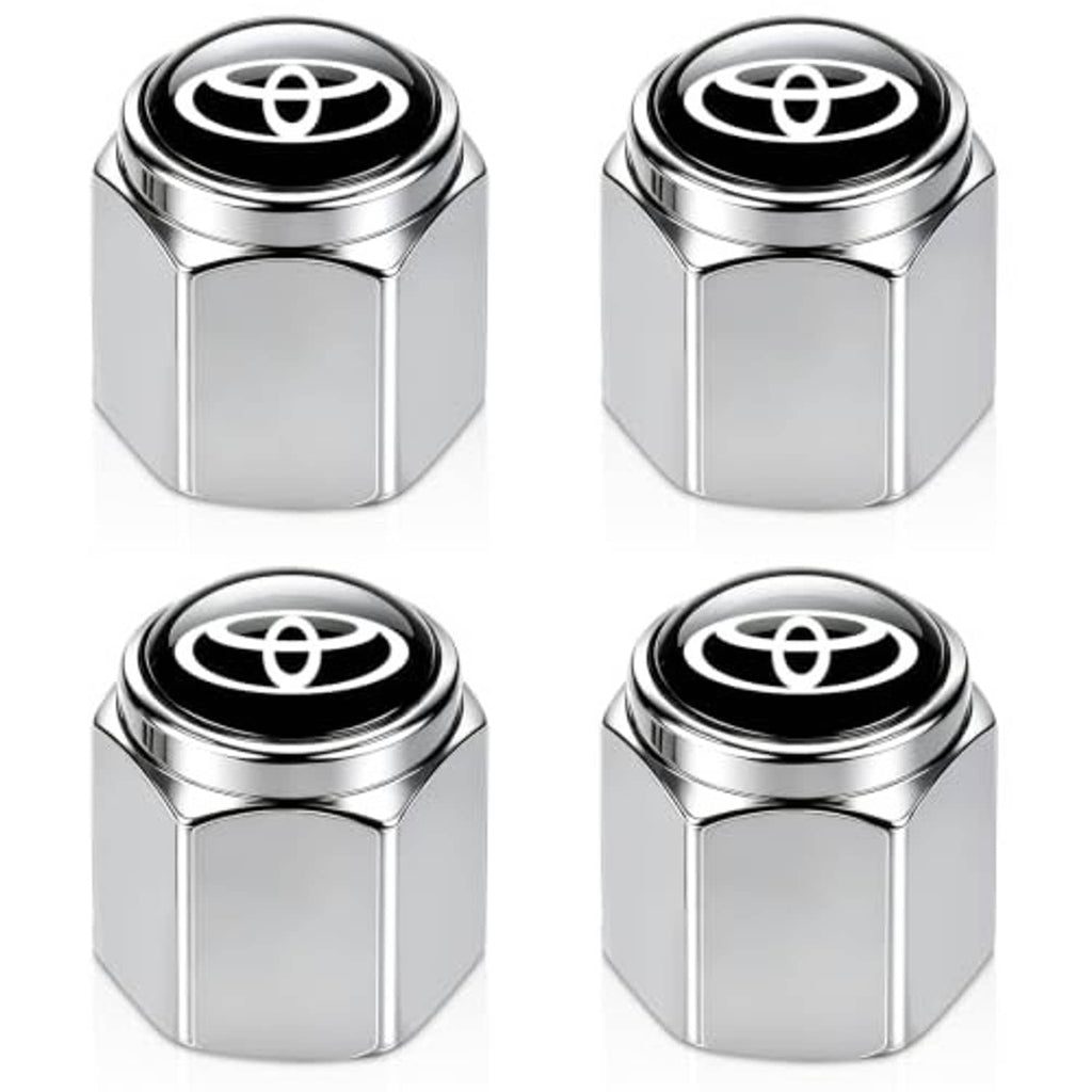 Set of silver hex tire valve stem caps with black Toyota logo inserts