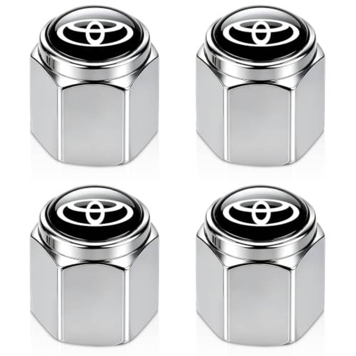 Set of silver hex tire valve stem caps with black Toyota logo inserts