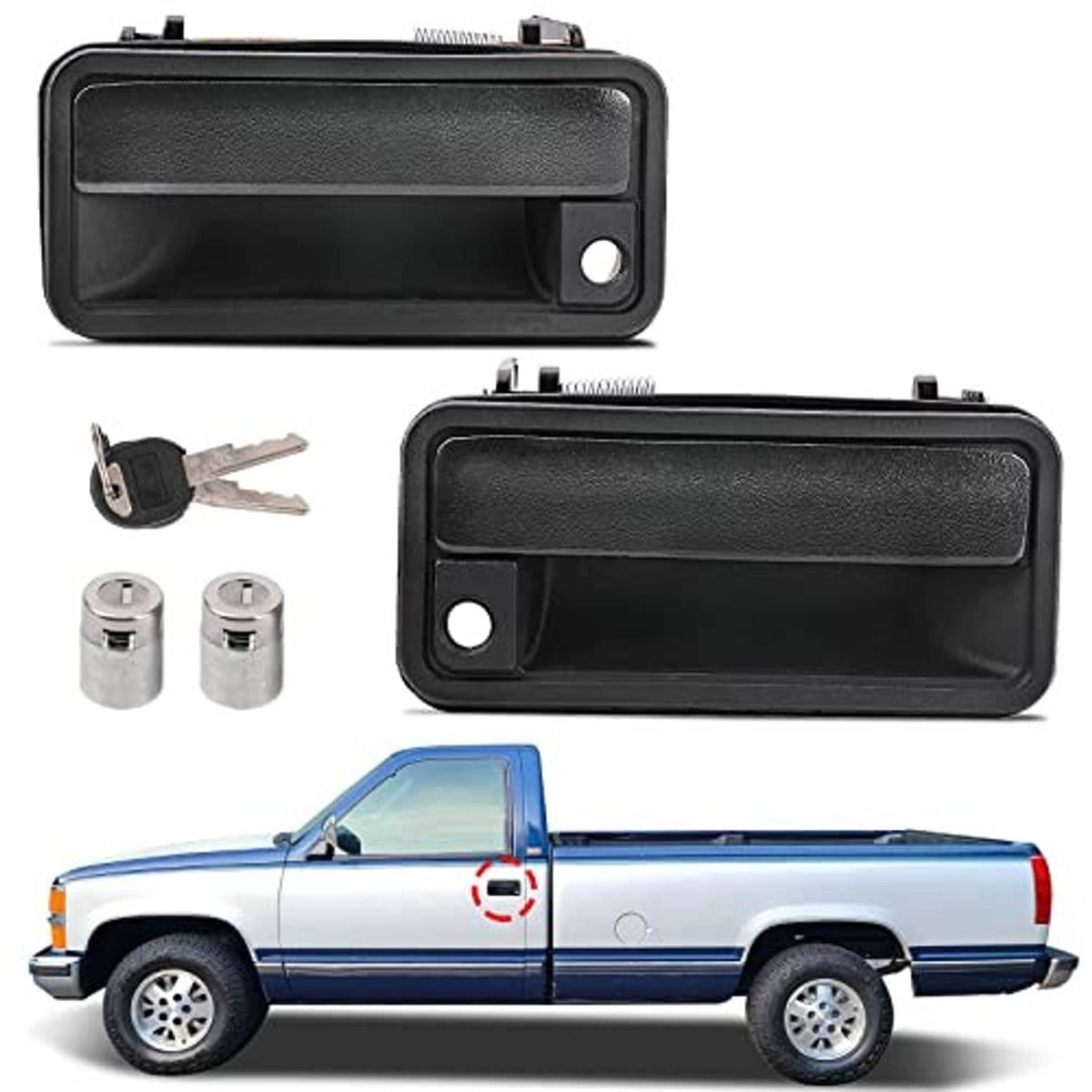 Set of black exterior door handles with lock cylinder and two keys