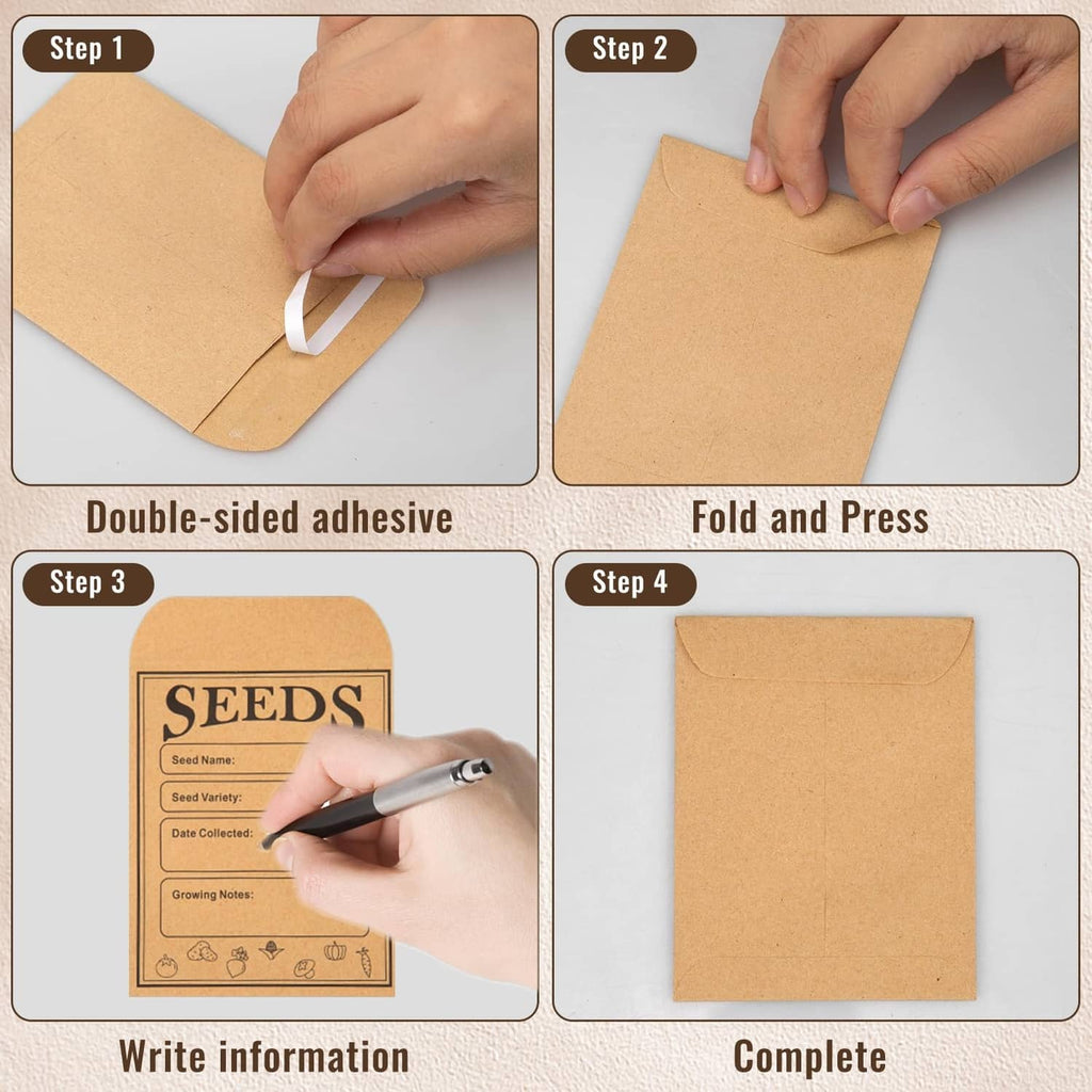 Brown kraft seed envelopes showing double-sided adhesive, fold, write, and complete.