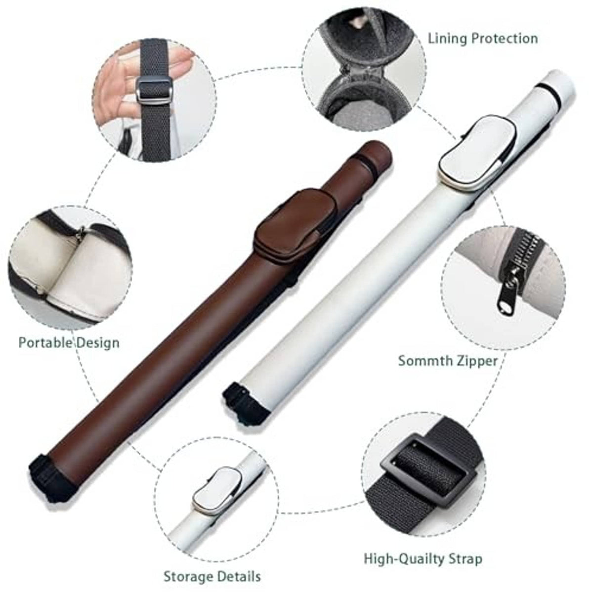 White pool cue case with zipper storage pocket, padded lining, and adjustable strap