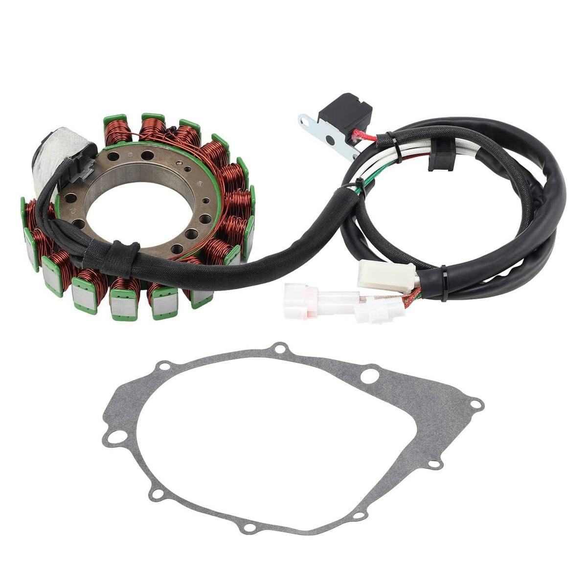 Stator with wiring harness and electrical connectors, plus grey gasket