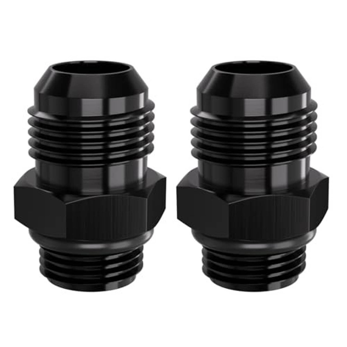 Pair of black AN-style external thread hose fitting adapters with hex bases