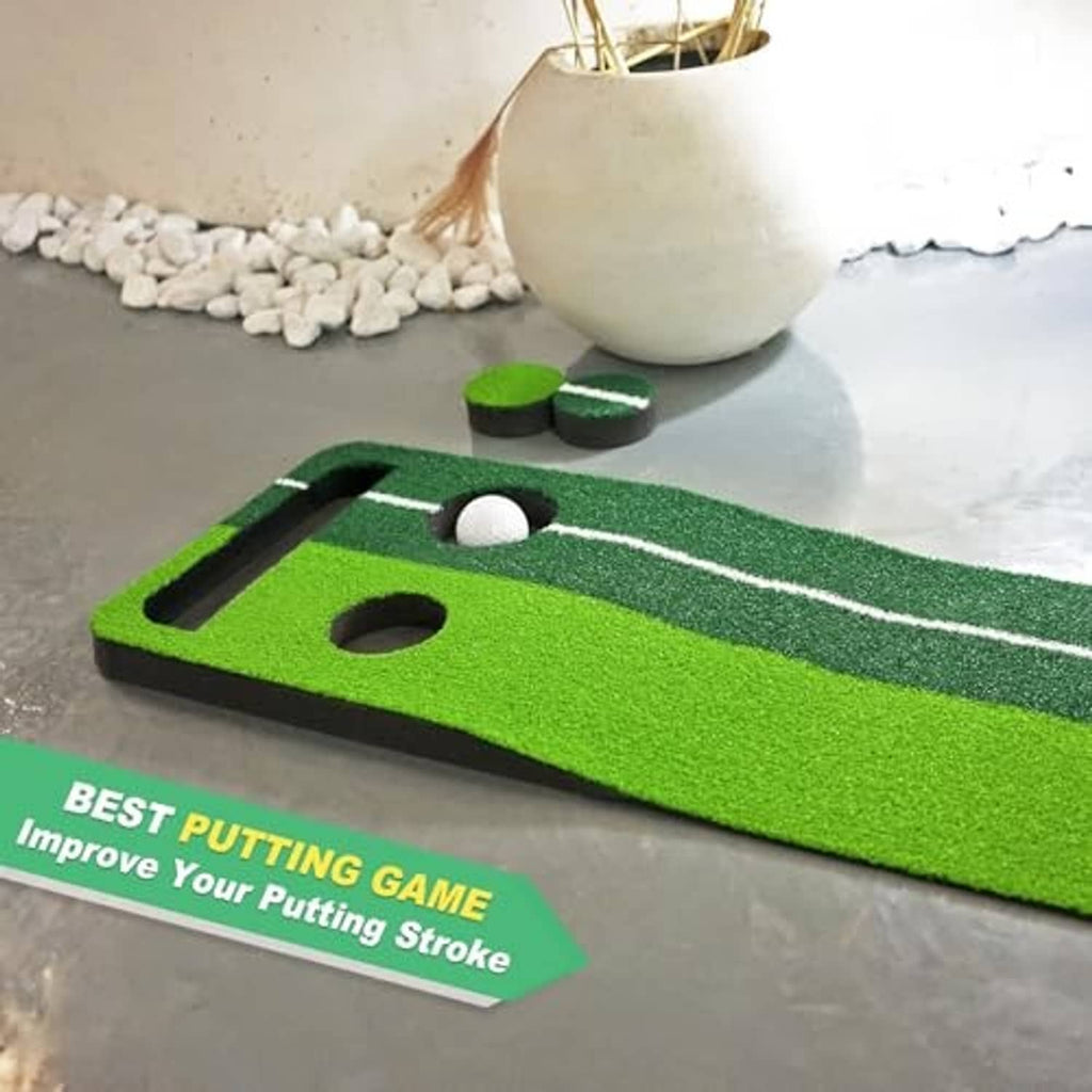 Indoor putting green mat with two holes, white balls, and dark practice borders