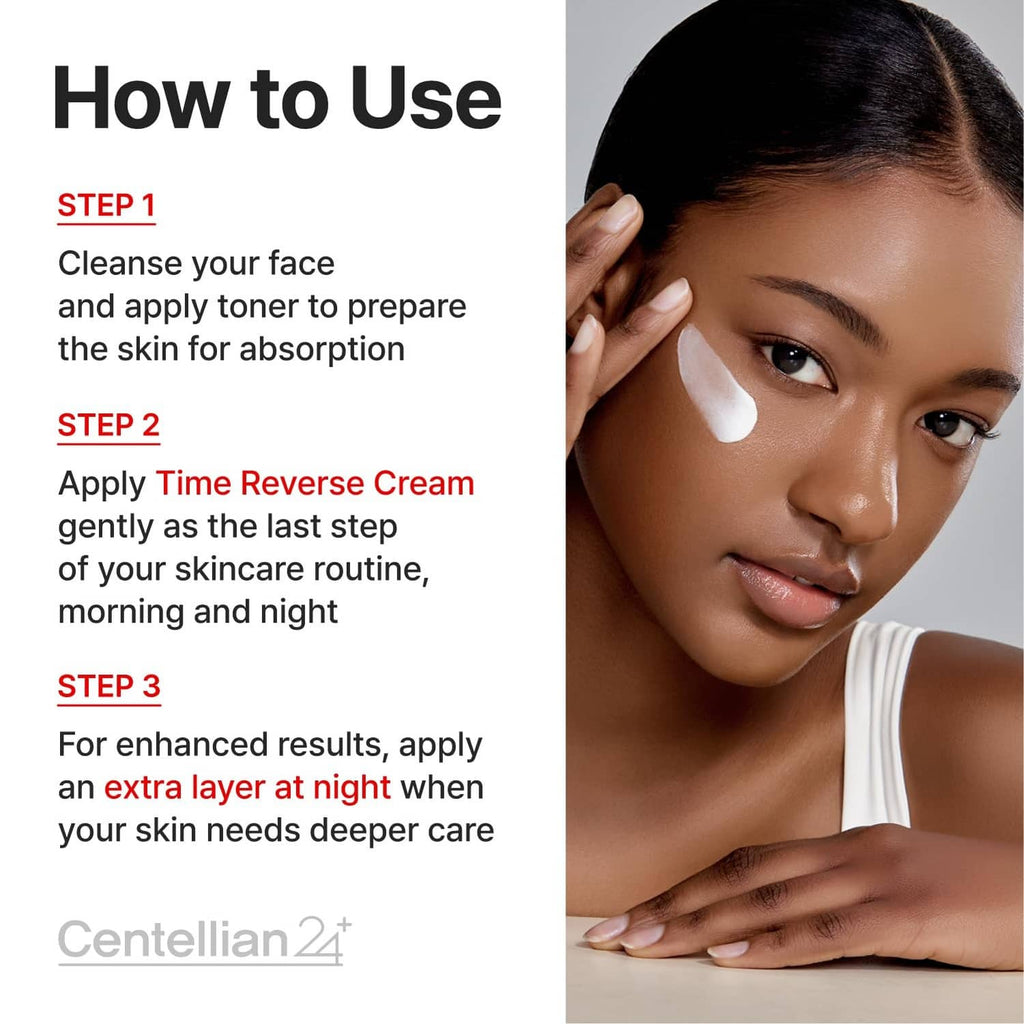 Woman applying white cream to her cheek and temple in a how-to guide
