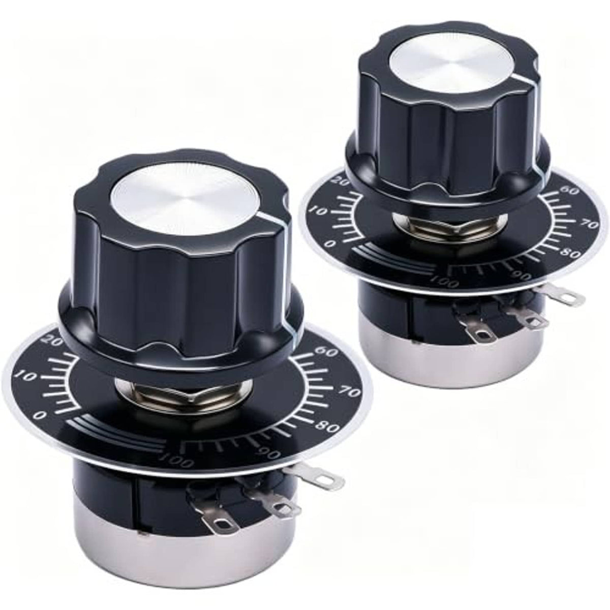 Two black rotary potentiometers with round dial scale and metal mounting pins