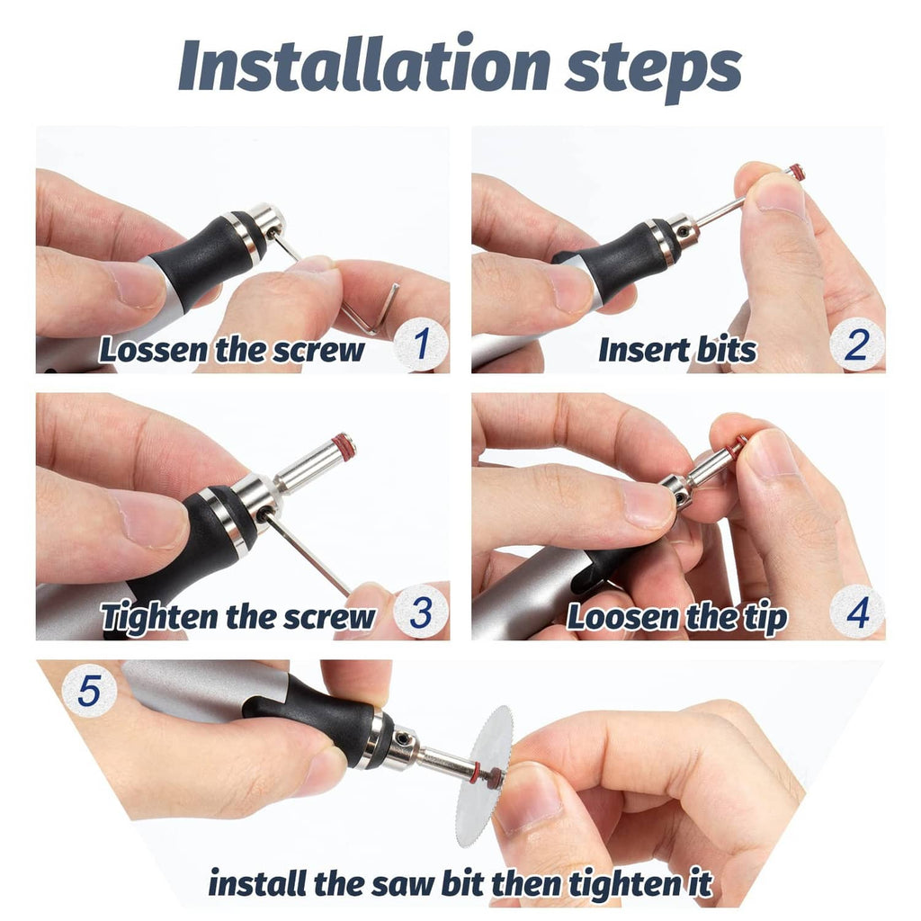 Electric engraving pen with removable bit holder and screw-on tip, shown with tools