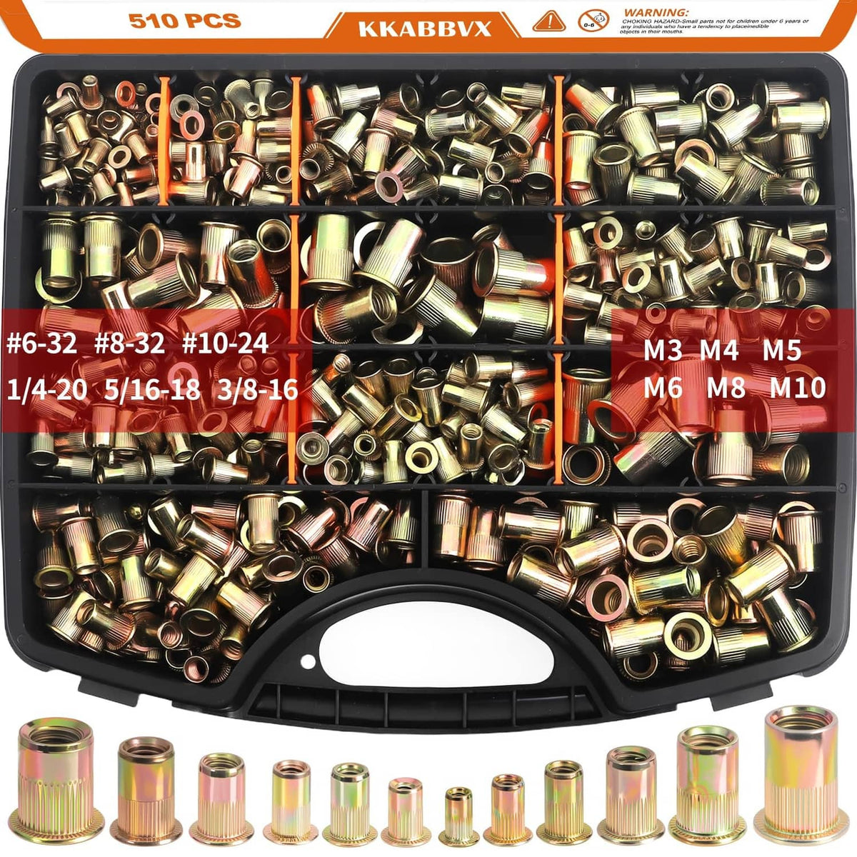 510-piece rivet nut assortment in black storage case, gold zinc-plated nut variety
