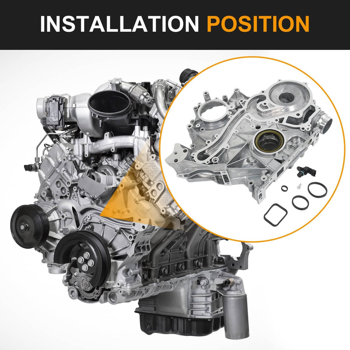 Timing cover shown for installation on engine housing, silver-gray metal