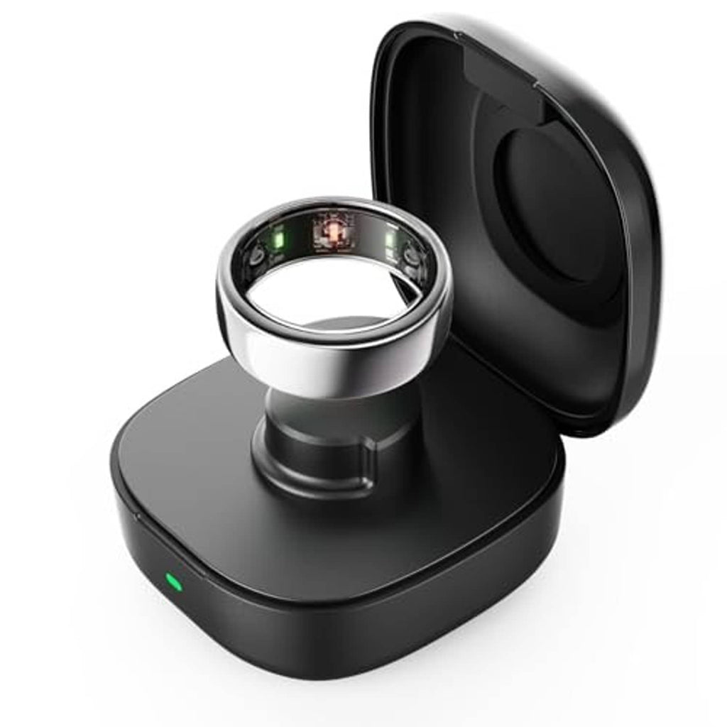 Wireless charging case with open lid and metal ring cradle, black, green status light