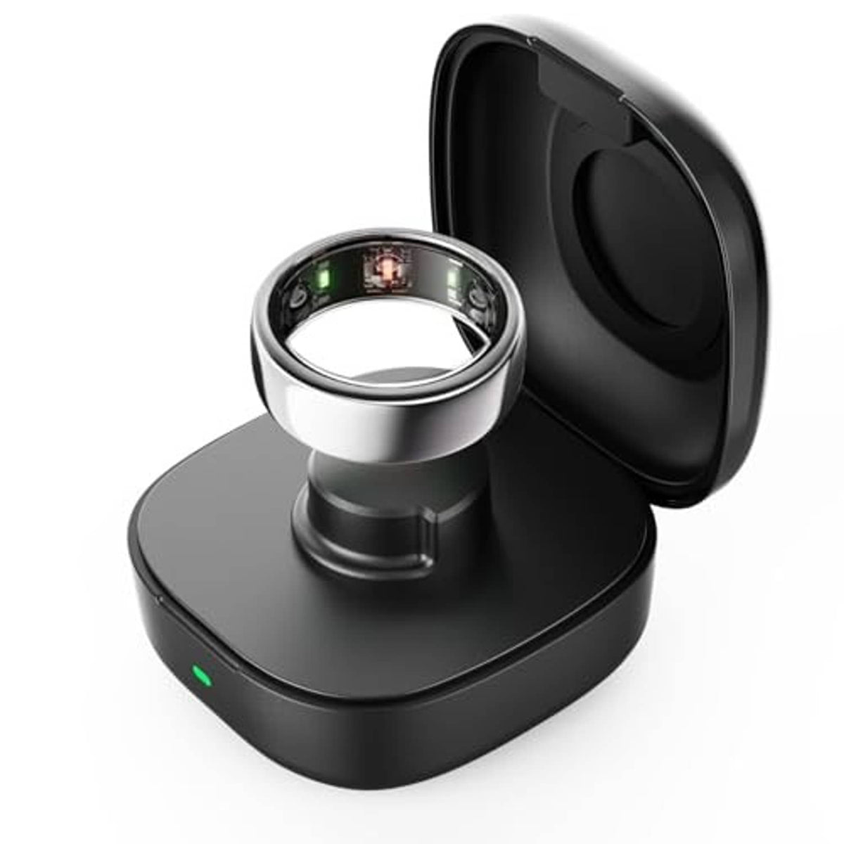 Wireless charging case with open lid and metal ring cradle, black, green status light