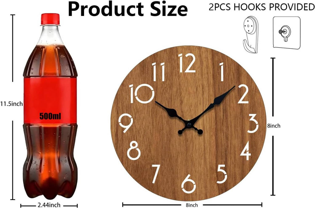 Wood-tone round wall clock with white numerals and black hands, shown with hook mounts