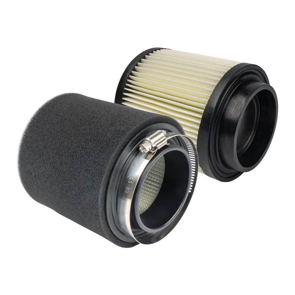 Air filter cartridge with foam sleeve, pleated cream paper element, and metal band clamp