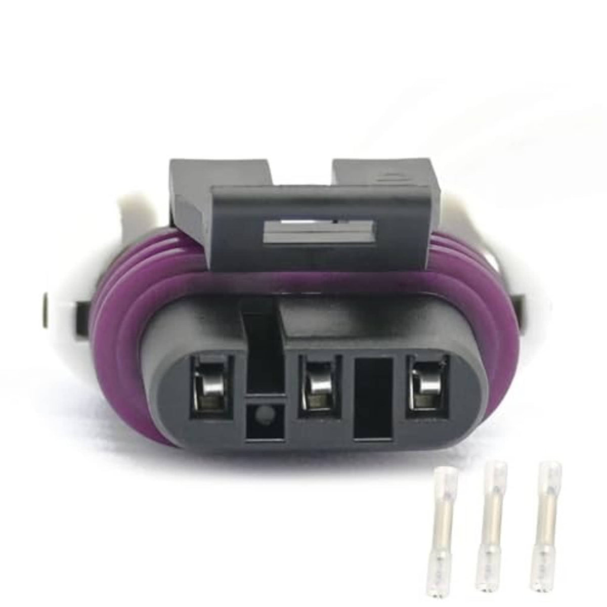4-pin purple-and-black electrical connector with three loose metal terminals
