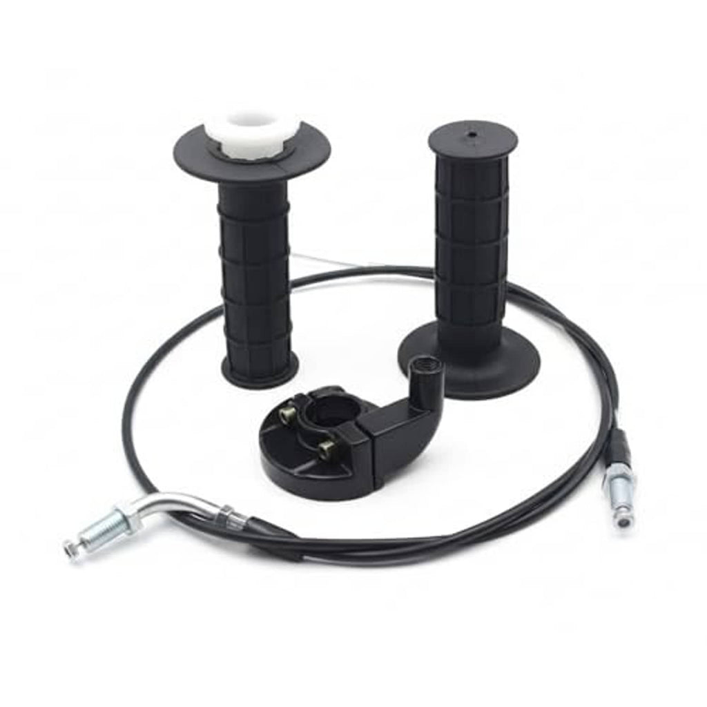Two black throttle grips with black housing and curved black cable with metal ends